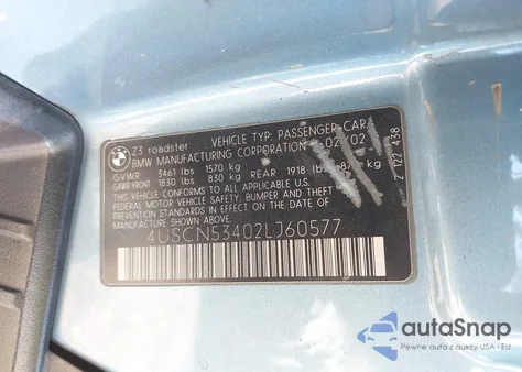 2002 BMW Z3 3.0I from USA, damaged, VIN 4USCN53402LJ60577